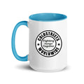 Cold Streets Worldwide Mug Design 0-WW-1 White 15 oz. Mug With A Blue Handle And Interior, Featuring 'Cold Streets Worldwide' Text.