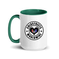 Cold Streets Worldwide Mug Design 0-WW-3 White 15 oz. Mug With A Dark Green Handle And Interior, Featuring 'Cold Streets Worldwide' Text.