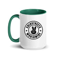 Cold Streets Worldwide Mug Design 0-WW-4 White 15 oz. Mug With A Dark Green Handle And Interior, Featuring 'Cold Streets Worldwide' Text.
