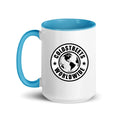 Cold Streets Worldwide Mug Design 0-WW-5 White 15 oz. Mug With A Blue Handle And Interior, Featuring 'Cold Streets Worldwide' Text.