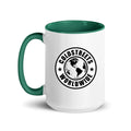 Cold Streets Worldwide Mug Design 0-WW-5 White 15 oz. Mug With A Dark Green Handle And Interior, Featuring 'Cold Streets Worldwide' Text.