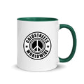 Cold Streets Worldwide Mug Design 0-WW-6 White 11 oz. Mug With A Dark Green Handle And Interior, Featuring 'Cold Streets Worldwide' Text.