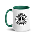 Cold Streets Worldwide Mug Design 0-WW-6 White 15 oz. Mug With A Dark Green Handle And Interior, Featuring 'Cold Streets Worldwide' Text.