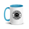 Cold Streets Worldwide Mug Design 0-WW-7 White 15 oz. Mug With A Blue Handle And Interior, Featuring 'Cold Streets Worldwide' Text.