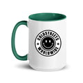 Cold Streets Worldwide Mug Design 0-WW-7 White 15 oz. Mug With A Dark Green Handle And Interior, Featuring 'Cold Streets Worldwide' Text.