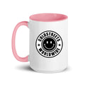 Cold Streets Worldwide Mug Design 0-WW-7 White 15 oz. Mug With A Pink Handle And Interior, Featuring 'Cold Streets Worldwide' Text.
