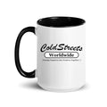 Cold Streets Worldwide Mug Design 0-WW-0 White 15 oz. Mug With A Black Handle And Interior, Featuring 'Cold Streets Worldwide' Text.