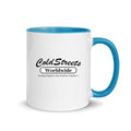 Cold Streets Worldwide Mug Design 0-WW-0 White 11 oz. Mug With A Blue Handle And Interior, Featuring 'Cold Streets Worldwide' Text.
