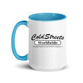 Cold Streets Worldwide Mug Design 0-WW-0 White 15 oz. Mug With A Blue Handle And Interior, Featuring 'Cold Streets Worldwide' Text.