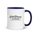 Cold Streets Worldwide Mug Design 0-WW-0 White 11 oz. Mug With A Dark Blue Handle And Interior, Featuring 'Cold Streets Worldwide' Text.