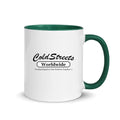 Cold Streets Worldwide Mug Design 0-WW-0 White 11 oz. Mug With A Dark Green Handle And Interior, Featuring 'Cold Streets Worldwide' Text.
