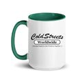 Cold Streets Worldwide Mug Design 0-WW-0 White 15 oz. Mug With A Dark Green Handle And Interior, Featuring 'Cold Streets Worldwide' Text.