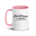 Cold Streets Worldwide Mug Design 0-WW-0 White 15 oz. Mug With A Pink Handle And Interior, Featuring 'Cold Streets Worldwide' Text.