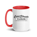 Cold Streets Worldwide Mug Design 0-WW-0 White 15 oz. Mug With A Red Handle And Interior, Featuring 'Cold Streets Worldwide' Text.