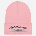 Pink knit beanie with ColdStreets Worldwide logo, stylish accessory in gold baby pink