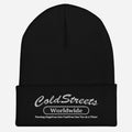 Black knit beanie with Cold Streets Worldwide embroidered, perfect for navy royal spruce style