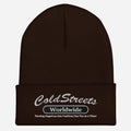 Brown knit beanie with ColdStreets Worldwide embroidery for CS Clothing Co. HW1-b