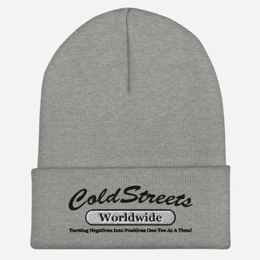 Gray knit beanie with ColdStreets Worldwide embroidery in Heather Grey White color