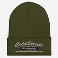 Olive green knit beanie with Cold Streets Worldwide embroidery for CS Clothing Co