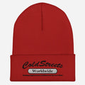 Red knit beanie with ColdStreets Worldwide text, perfect for stylish winter wear