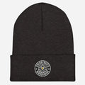 Black knit beanie with embroidered logo from CS Clothing Co. in heather grey white