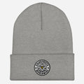 Gray knit beanie with embroidered patch logo from CS Clothing Co in heather grey white