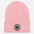 Pink knit beanie with heart logo patch, perfect for styling with Heather Grey White or Navy Royal Spruce