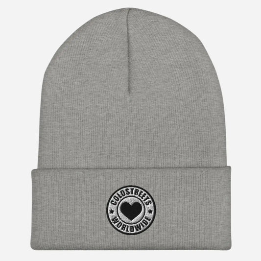 Gray knit beanie with circular black and white heart logo for CS Clothing Co