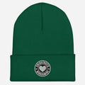 Green knit beanie with circular black and white patch from CS Clothing Co. HW1-b