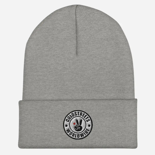 Heather grey knit beanie with peace sign patch from CS Clothing Co. HW1-b 0-WW-4