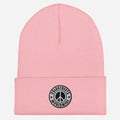 Pink knit beanie with circular peace sign patch from CS Clothing Co in Gold Baby Pink