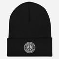 Black knit beanie with circular peace sign patch from CS Clothing Co in navy royal spruce