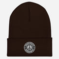 Brown knit beanie with peace sign patch from CS Clothing Co. in navy royal spruce