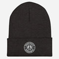 Black knit beanie with peace sign patch from CS Clothing Co in heather grey white option