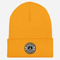 Gold knit beanie with peace sign patch from CS Clothing Co. in heather grey white