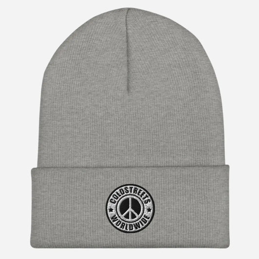 Gray knit beanie with peace sign patch from CS Clothing Co in Heather Grey White