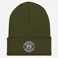 Olive green knit beanie with peace sign patch from CS Clothing Co. in heather grey white