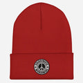 Red knit beanie with peace sign patch from CS Clothing Co. in heather grey white