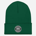 Green knit beanie with peace sign patch from CS Clothing Co in navy royal spruce