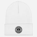 White knit beanie with a peace sign patch from CS Clothing Co. in heather grey white