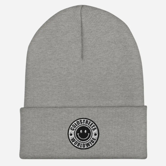 Gray knit beanie with smiley face patch from CS Clothing Co. in Heather Grey White