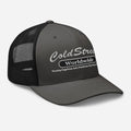 Gray and black charcoal mesh trucker cap with Cold Street Worldwide logo for CS Clothing Co