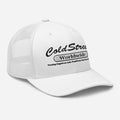 White mesh trucker cap with ColdStreet Worldwide in black for CS Clothing Co. HW1-t