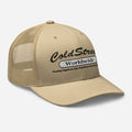 Tan mesh-back trucker cap with ColdStreet Worldwide text, perfect for khaki khaki moss styles