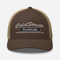 Brown and tan trucker-style baseball cap with Cold Streets Worldwide logo, perfect for khaki moss styles