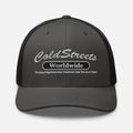 Dark gray trucker hat with Cold Streets Worldwide text from CS Clothing Co. in black charcoal