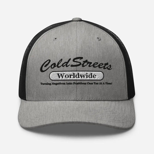 Gray and black trucker cap with ColdStreets Worldwide logo for CS Clothing Co