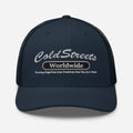 Navy blue trucker hat with Cold Streets Worldwide text, perfect for khaki khaki moss outfits