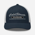 Navy blue and white mesh trucker hat with Cold Streets Worldwide logo by CS Clothing Co