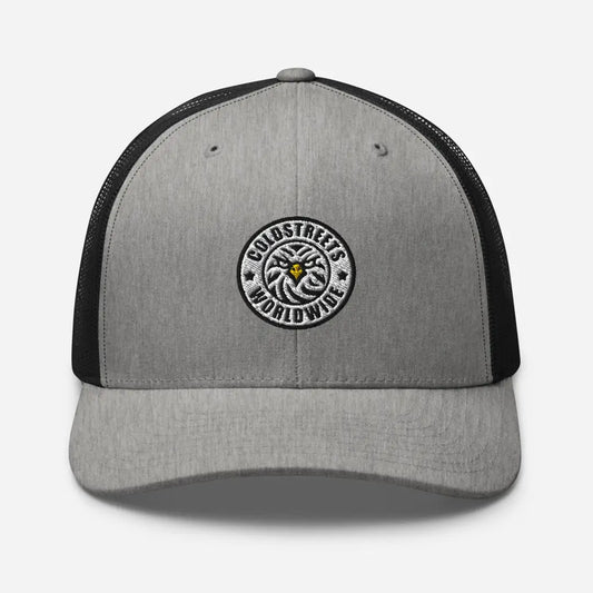 Grey and black trucker-style cap with circular logo patch from CS Clothing Co